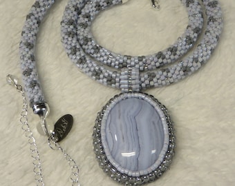 Necklace Crocheted Light Blue and Gray with Oval Blue Lace  Beaded Pendant