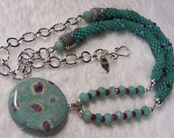 Necklace Crocheted with Amazonite and Ruby Beads and Ruby In Fuchsite Pendant