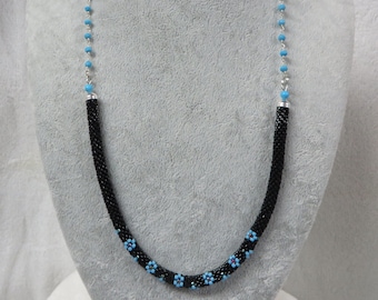 Necklace Crocheted FORGET ME NOT and Turquoise Rosary Chain