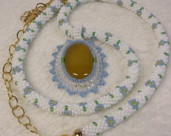 Necklace Crocheted Rope "ForgetMeNot" with Yellow Onyx Pendant