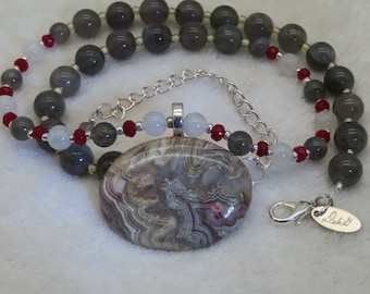 Necklace Beaded Labradorite Moonstone Ruby with Crazy Lace Agate Oval Pendant