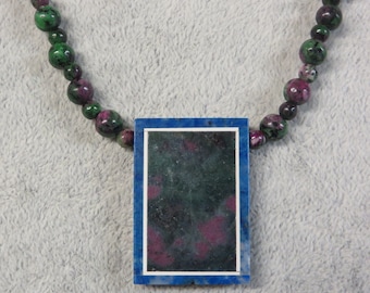 Necklace Ruby in Zoisite and Lapis Lazuli with Ruby Lapis Intarsia Pendant