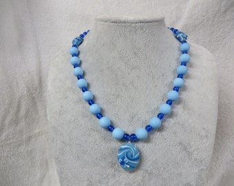 Necklace Beaded BLUE ON BLUE with Lamp Work Pendant