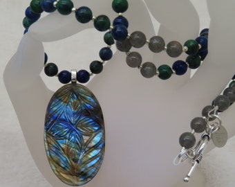 Necklace Beaded AZURITE and LABRADORITE with Carved LABRADORITE Oval Pendant