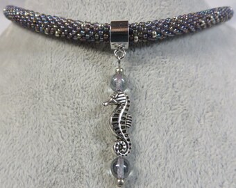 Necklace Crocheted Rope Purple with Seahorse Pendant