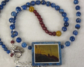 Necklace Lapis Lazuli Beaded with Iron Tiger Eye Intarsia Pendant