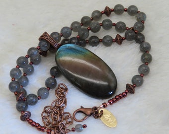Necklace Beaded LABRADORITE and Copper with Oval Labradorite Pendant