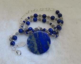 Necklace Beaded LAPIS LAZULI and LABRADORITE with Round Lapis Lazuli Pendant