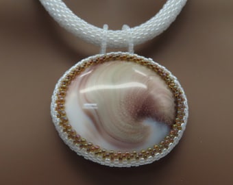 Necklace Crocheted White with Beaded Shiva Eye Shell Oval Pendant