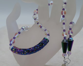 Necklace Beaded Crystal AB and Amethyst with Multi Color Metallic Center Focal