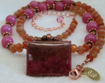 Necklace Beaded Rhodonite Sunstone Copper with Rhodonite Rectangle Pendant