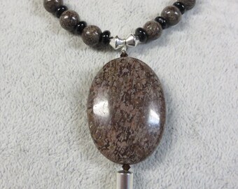 Necklace Beaded Chocolate Moss Jasper and Onyx with Chocolate Moss Oval Pendant