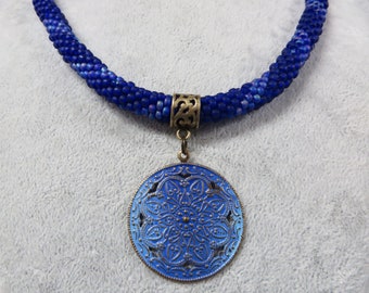 Necklace Crocheted Rope Light and Dark BLUE with MANDALA Pendant