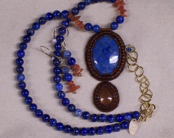 Necklace Beaded Lapis Lazuli with Lapis Lazuli Sunstone Pendant and Earrings