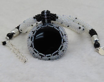 Necklace Crocheted Rope BLACK AND WHITE with Beaded Round Black Onyx Pendant