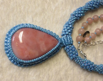 Necklace Crocheted Turquoise Rope with Pink Opal Teardrop Pendant