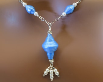 Necklace Sterling Silver Chain with Glass Pearls Blue Painted Paper Beads & Pendant