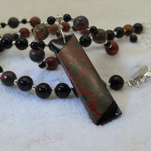 Necklace Beaded Picasso Jasper and Black Onyx with Picasso Jasper and Obsidian Intarsia Rectangle Pendant