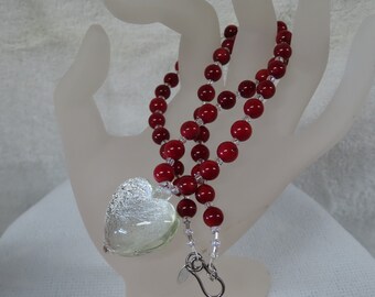 Necklace Beaded RED CORAL with Silver Crystal Glass Heart Pendant