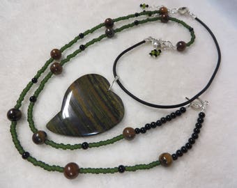 Necklace Beaded with Iron Tigers Eye Heart Pendant