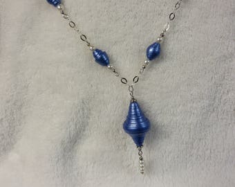 Necklace Sterling Silver Chain with Azure Blue Painted Paper Beads & Pendant