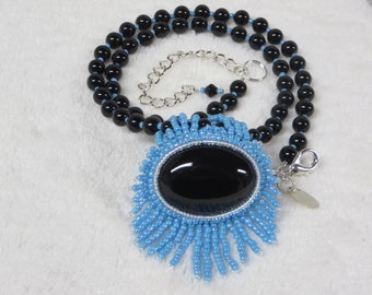 Necklace Beaded Black Onyx with Black Onyx Fringed Pendant