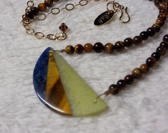 Necklace Beaded Tigers Eye with Intarsia Trio Pendant