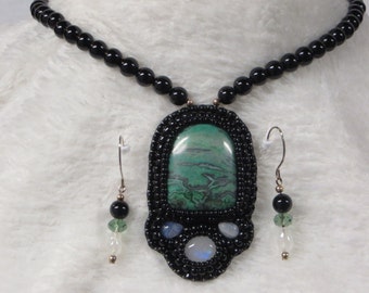 Necklace Onyx Beads with Jasper & Moonstone Pendant and Earrings