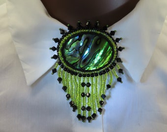 Brooch Green Paua Shell with Fringe