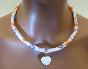 Necklace Crocheted Rope LOVE HEARTS with Mother of Pearl Heart Pendant