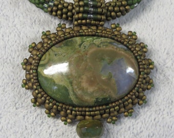 Necklace Crocheted BRONZE PLUMAGE with Oval Rhyolite Pendant