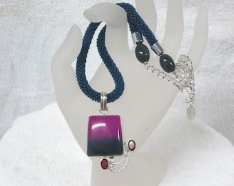 Necklace Crocheted Teal Rope and Chain with Rhodolite and Garnet Silver Pendant