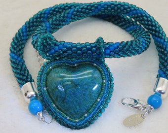 Necklace Crocheted BLUE N GREEN with Beaded Resin Heart Pendant