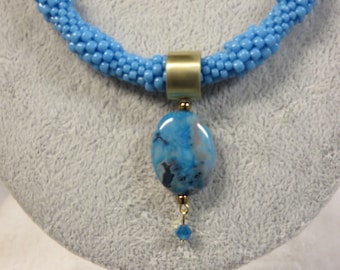 Necklace Crocheted Beaded Turquoise with Crazy Lace Agate Pendant