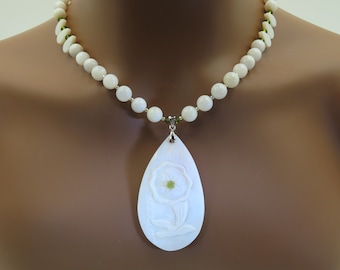 Necklace Beaded Mother of Pearl with MOP Floral Motif Teardrop Pendant