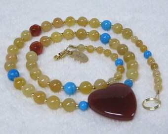 Necklace Beaded Jade Agate Howlite with Red Agate Heart Pendant