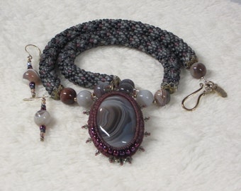 Necklace Crocheted Rope with Botswana Agate Pendant and Earrings