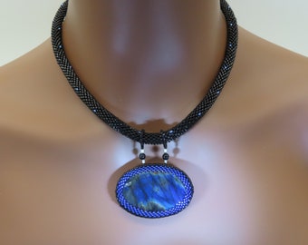 Necklace Crocheted Black Beaded with Beaded BLUE FLASH Labradorite Oval Pendant