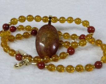 Necklace Beaded Red Jasper and Honey Glass with Red Jasper Oval Pendant