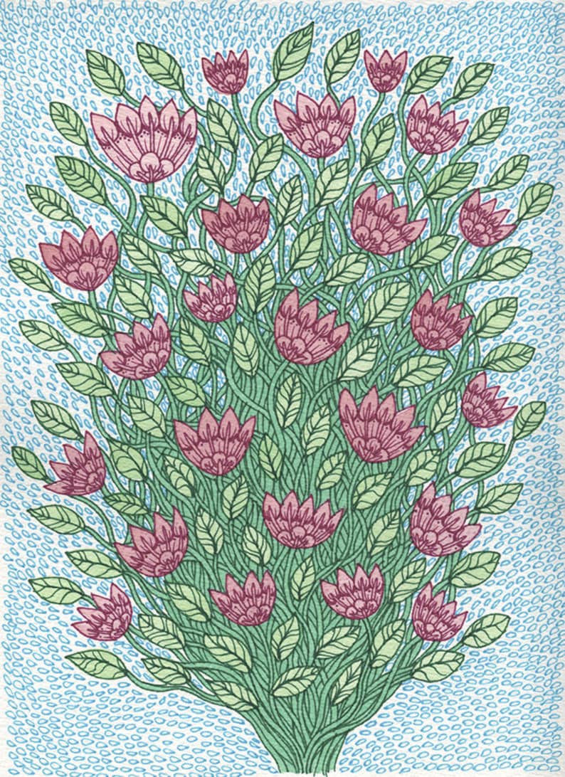 Flower Tangle Art Print , 8.5x11 Colorful Zentangle Flowers and Vines Illustration by Amanda Lanford