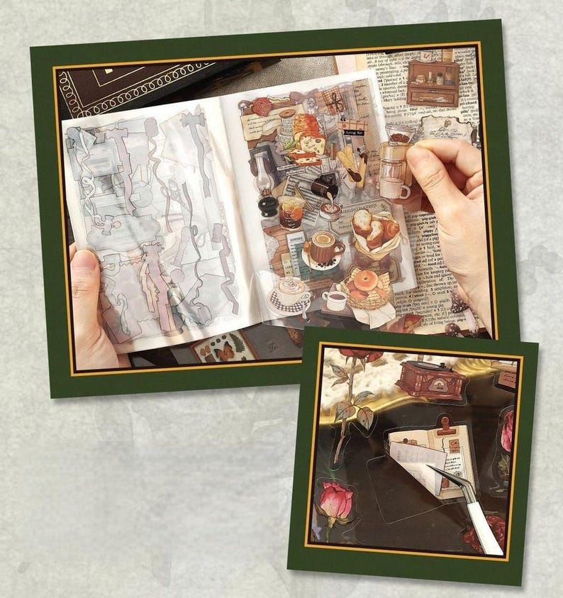 May include: A scrapbook page with coffee-themed stickers, including coffee cups, pastries, and a miniature coffee maker. The page is open, revealing various stickers and a hand holding a sticker. The image is framed in green.