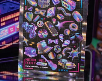 May include: A sheet of holographic stickers with a retro aesthetic. The stickers feature various shapes like hearts, stars, and a motorcycle, along with text that reads "NEON VEI RIOT" and "Digital heartbeat, no firewall."