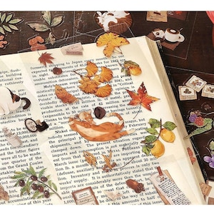 May include: A collection of decorative stickers featuring cats, leaves, butterflies, and fruit, arranged on an open book with printed text. The stickers have a vintage aesthetic with warm colors.