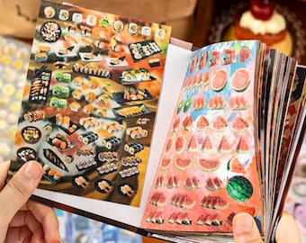 May include: A sticker book with pages of colorful sushi and watermelon designs. The sushi stickers feature various rolls and nigiri, while the watermelon stickers display slices and whole fruits. The book is held open, showcasing the variety of sticker options.