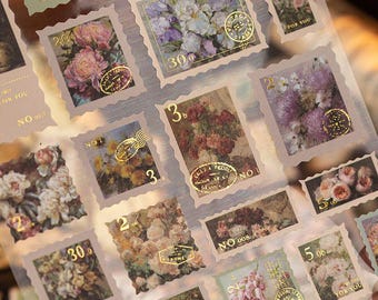 Vintage-style Faux Stamp Sticker Set – Botanical Floral Retro Ephemera for Journals, Scrapbooking & Crafts, 2 Sheets