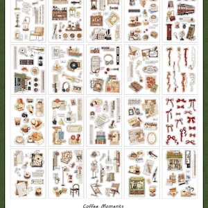 May include: A sheet of stickers with a coffee theme, featuring various designs like coffee cups, coffee makers, and vintage decor. The text "Coffee Moments" is visible. The page size is 4.1*5.8 inches.
