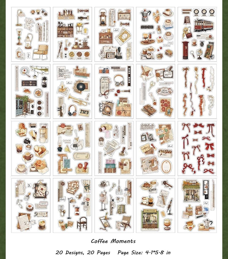 May include: A sheet of stickers with a coffee theme, featuring various designs like coffee cups, coffee makers, and vintage decor. The text "Coffee Moments" is visible. The page size is 4.1*5.8 inches.