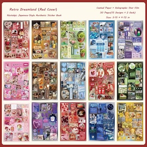 May include: Aesthetic sticker book titled "Retro Dreamland (Red Cover)" with nostalgic Japanese-style designs. The book contains 30 pages of coated paper and holographic star film. Each page features various stickers with food and drink themes. The size is 3.15 x 4.72 inches.
