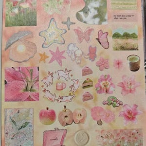 May include: A sticker sheet featuring a variety of illustrations including pink lilies, rabbits, a pink record player, apples, butterflies, a pearl in a shell, and a cup of tea. The sheet includes the text, my heart does a little "t" when i see you.