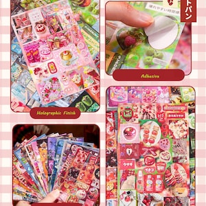 May include: A collection of colorful stickers with a holographic finish, featuring various dessert and food-themed designs. The stickers are pre-cut and come in a book with 30 pages. The image includes text in Japanese.